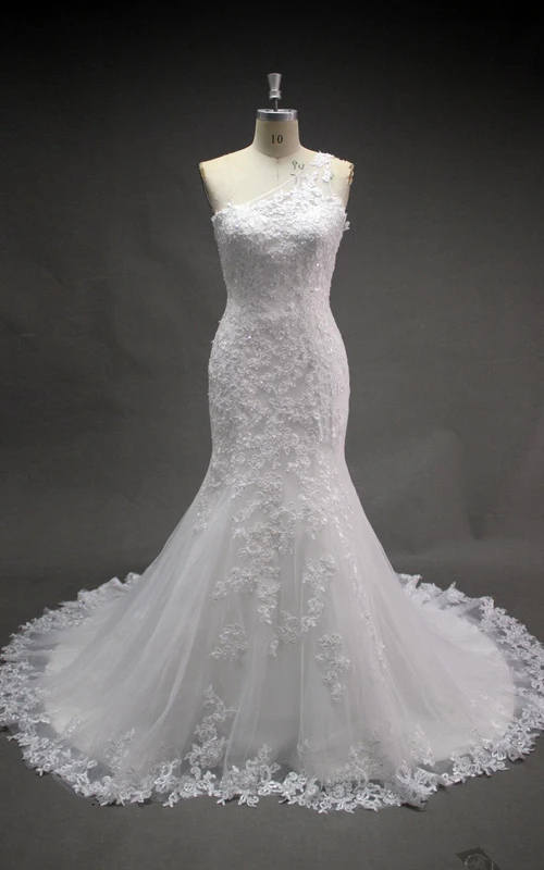 One-Shoulder Lace Mermaid Bridal Gowns Dress With Lace-Up Back