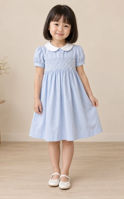 Modest Sky Blue Knee Length Small Diamond Smocked White Collar Full Flower Girl Dress