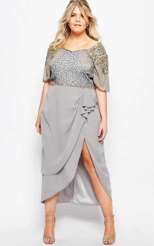 Vestido de dama de honor de gasa con lentejuelas, manga corta y escote redondo hasta la rodilla