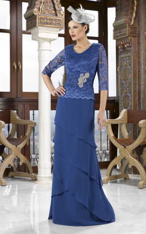 Robe de mère de la mariée en mousseline de soie à manches courtes et col en V en dentelle, ornée de volants
