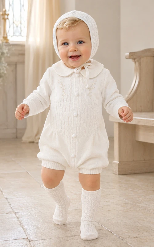 Winterweißer Langarm-Baby-Taufoverall mit Zopfstrickmütze