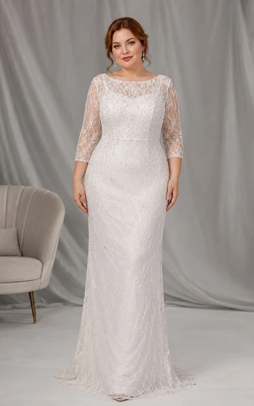 White Guest Lacework Mermaid/Trumpet Jewel Lace 3/4 Length Sleeve Floor-length Modest Dress