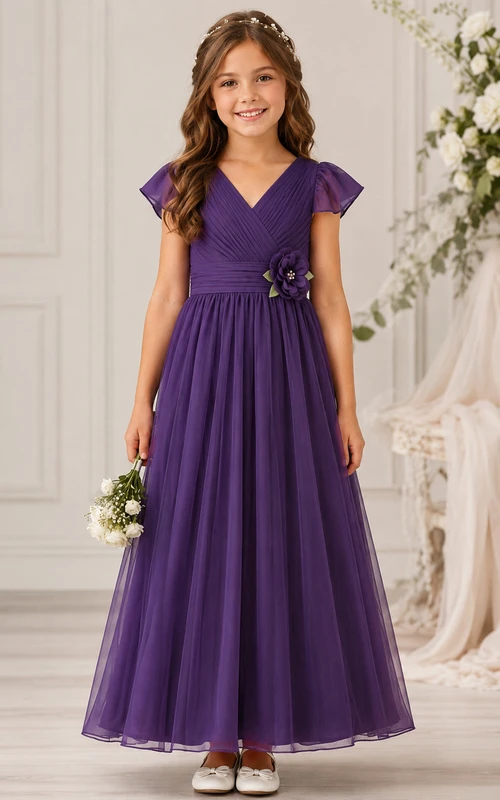 A-line Floor Length Cap Sleeve Chiffon Flower Girl Dress with Deep purple V-neck gown with ruched bodice and bow