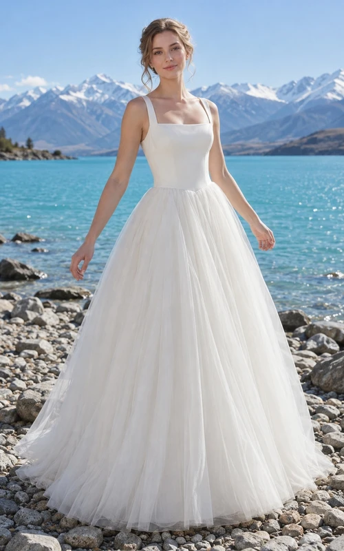 Schlichtes Brautkleid in A-Linie mit eckigem Ausschnitt und Tüllträgern