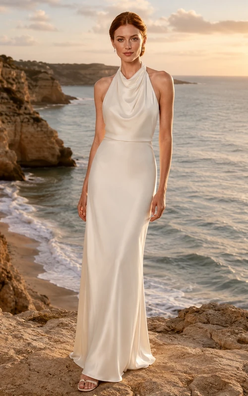 Beach Halter Cowl Neck Backless Sheath Floor-Length Sweep Train Simple Wedding Dress