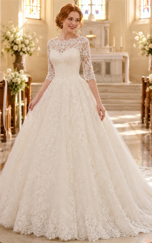 Covered Shoulder Long Sleeve Lace Ball Chapel Bridal Gown