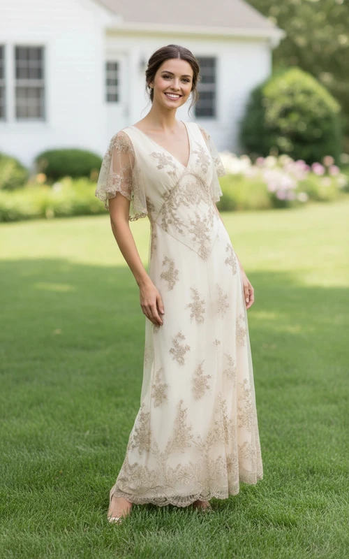 Boho Vintage-Inspired Ivory Flutter Sleeve Wedding Gown with Gold Embroidery