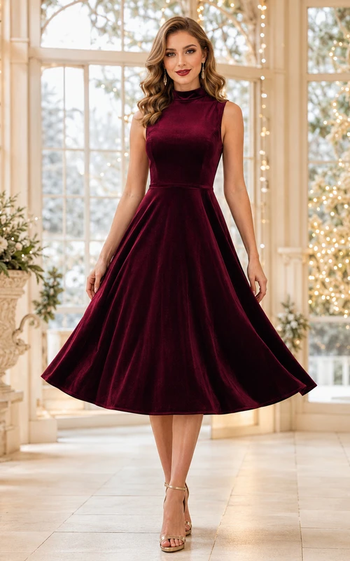 Burgunderfarbenes, hochgeschlossenes, ärmelloses Samtkleid in A-Linien-Form, Teelänge, Weihnachts-Cocktailkleid