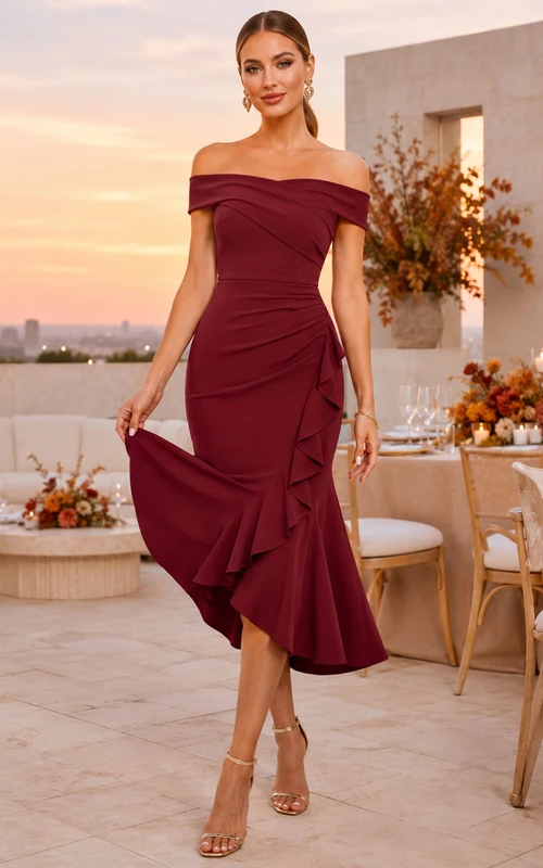 Burgundy Off-Shoulder Ruffle Chiffon Asymmetric Midi Wedding Guest Dress