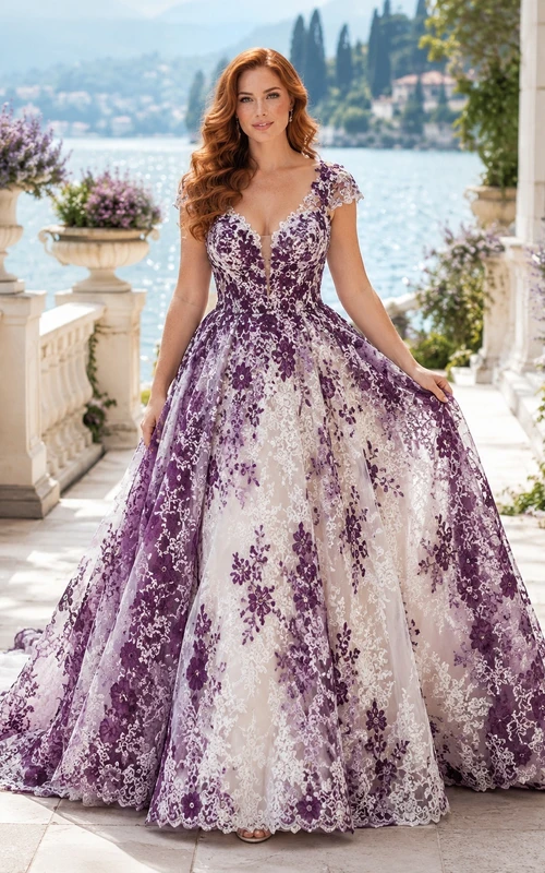 Purple Floral Ball Gown Lace Bridal Dress V-neck Sleeveless Cathedral Train