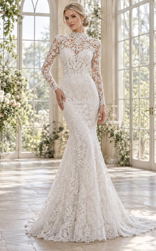 Robe de mariée sirène modeste à col montant, manches longues et traîne en dentelle botanique