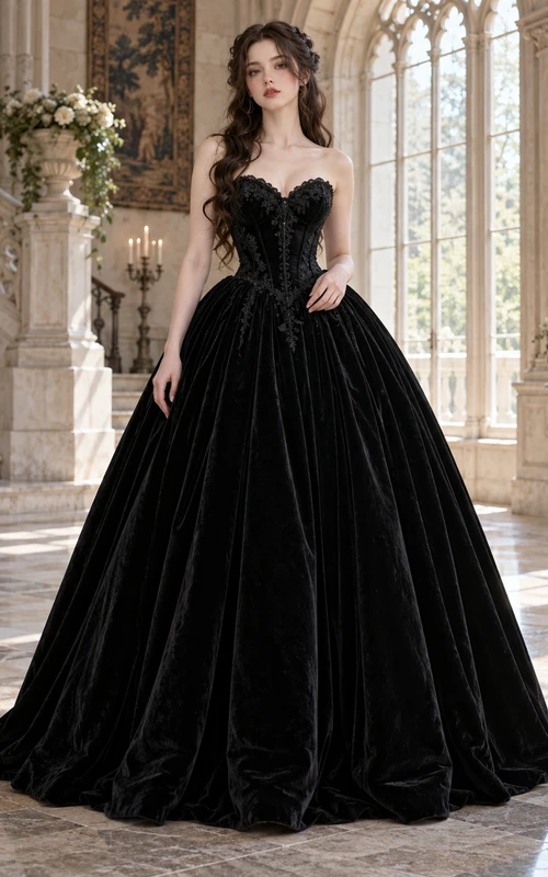 Robe de bal gothique noire bustier en velours, robe de soirée