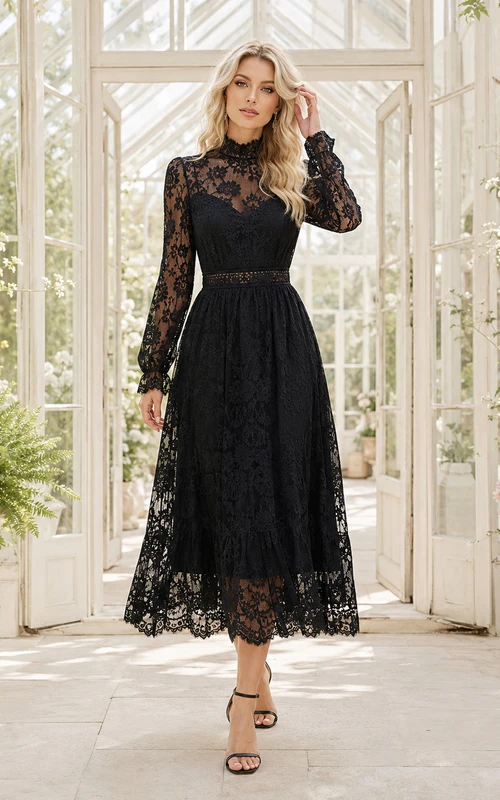 Schwarzes, hochgeschlossenes A-Linien-Kleid aus Spitze mit langen Ärmeln und langen Ärmeln im dezenten Vintage-Stil – ideal für formelle Anlässe und Gästeempfänge