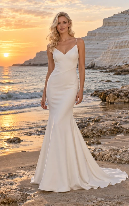 Vestido de novia sencillo de sirena con escote en V, sin mangas, espalda de satén y cola larga, de crepé.