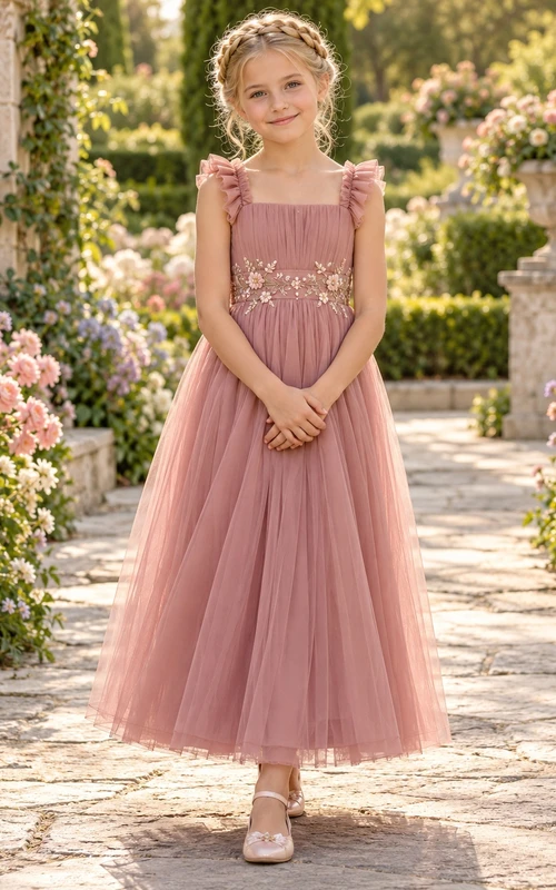 Dusty Rose Square Neck Ruffle Strap Floral Flower Girl Dress
