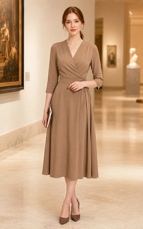 Mocha V-neck wrap three quarter museum lecture dress