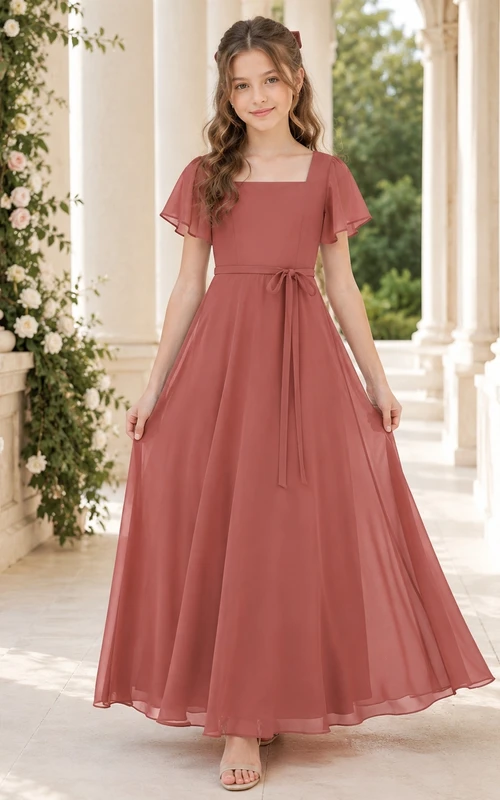Elegante vestido de dama de honor juvenil de gasa con mangas acampanadas, corte cuadrado y largo hasta el suelo, color marrón, con fajín.