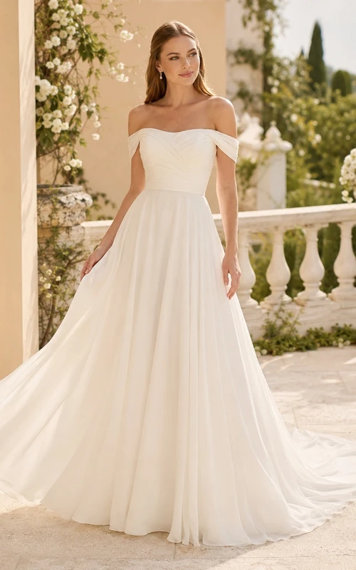 Romantic Bridal Chiffon Off-the-shoulder Short Sleeve A-Line Sweep Train Gown