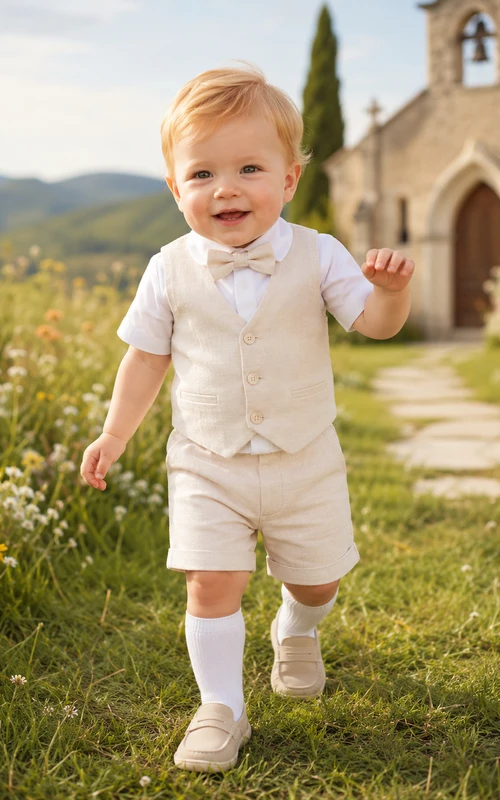Landhausstil Elfenbein Kurzarm-Knopfweste Baby-Tauf-Shorts-Set