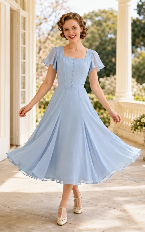 Sky Blue Chiffon Square Neck Puff Sleeve Tea-Length A-Line Vintage Dress