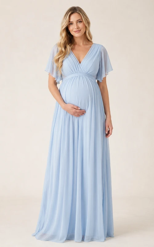 Robe de demoiselle d'honneur de maternité bleu ciel, col en V, manches papillon, en mousseline, longueur empire, longueur au sol