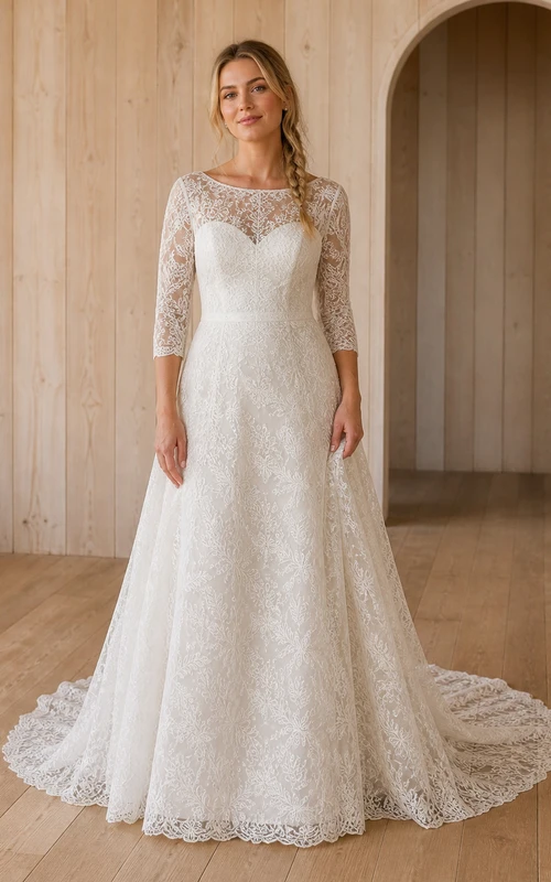 Vestido de novia de encaje con escote barco y mangas tres cuartos, corte A y modesto, estilo capilla.