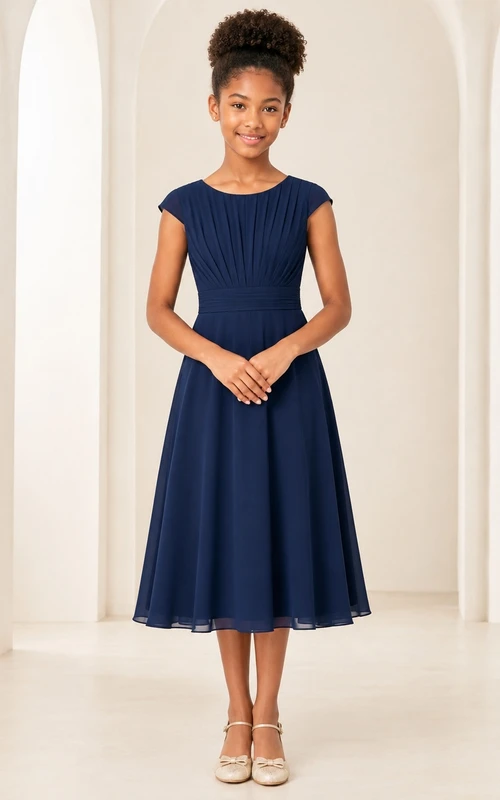 Preiswertes dunkelblaues, kurzärmeliges Chiffon-Brautjungfernkleid mit A-Linien-Ausschnitt und Teelänge