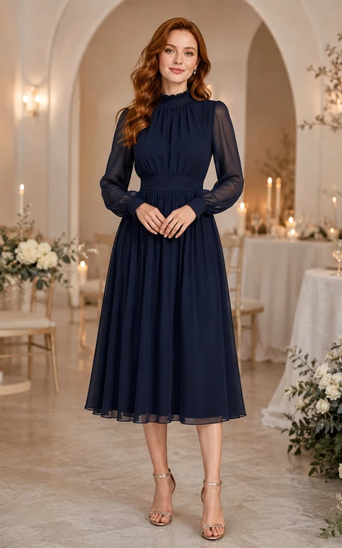 Marineblaues Chiffonkleid mit hohem Kragen, transparenten Ärmeln und Teelänge