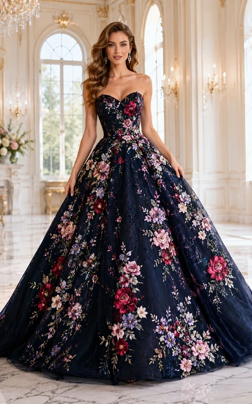Black Multicolor Floral Strapless Sweetheart Applique Ball Gown Sweep Train Luxury Dress