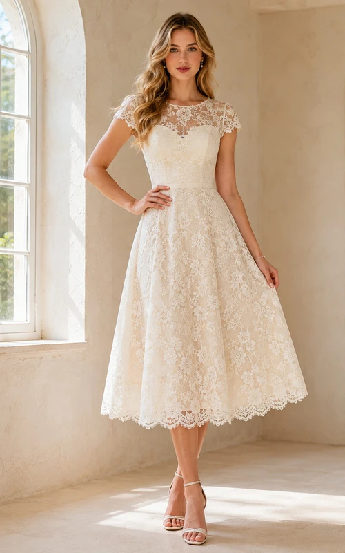 Vestido de cóctel de largo midi con escote barco, mangas cortas y encaje floral color marfil.