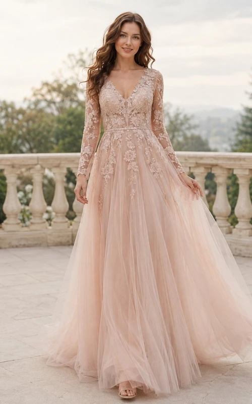 Blush Long Sleeve Deep V-Neck Applique Tulle A-Line Sweep Train Etheral Gown
