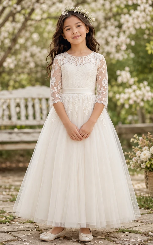 Langärmeliges Blumenmädchenkleid aus Spitze und Tüll