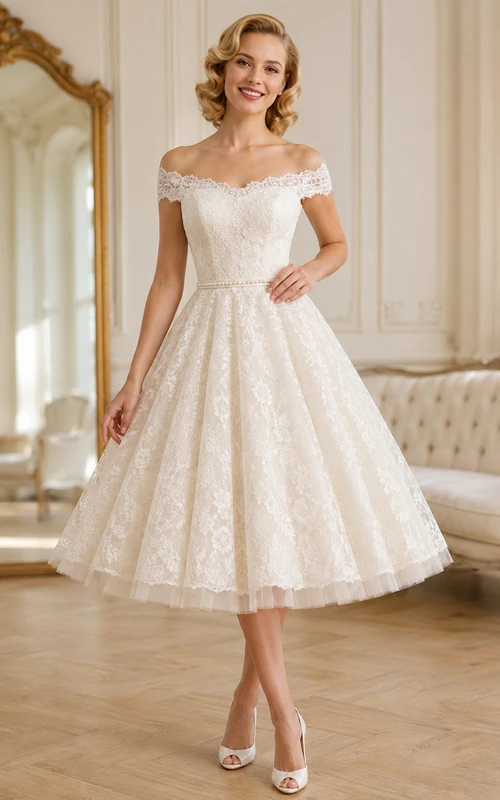 Vestido de novia vintage romántico de corte A, largo hasta la rodilla, con hombros descubiertos y encaje, de los años 50.
