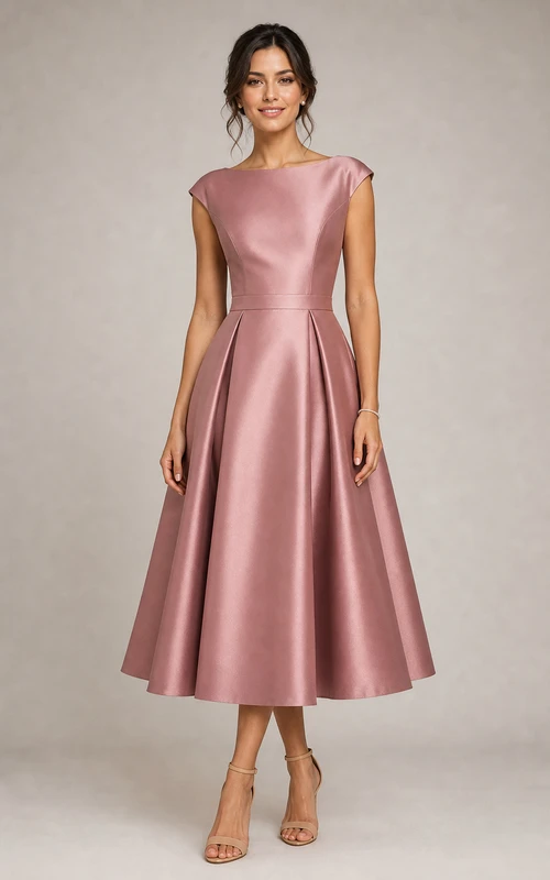 Dusty Rose Satin Bateau Cap Sleeve Tea-Length A-Line Dress
