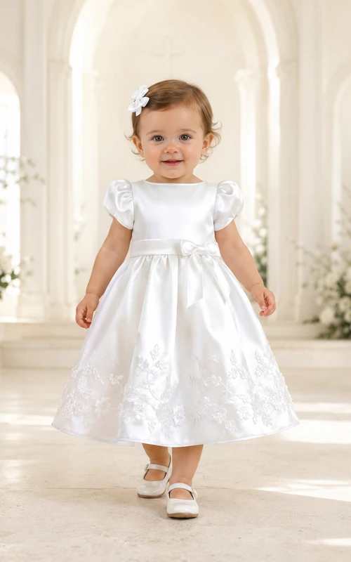 Baptism Dress Luxury Satin A-Line Jewel Neck Cap Sleeve Lace Overlay