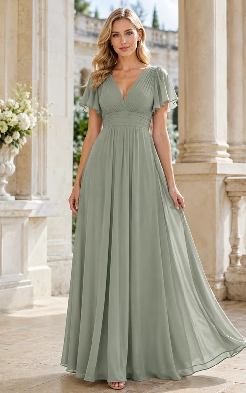 Sage V-Neck Short Sleeve Chiffon Empire Formal Dress