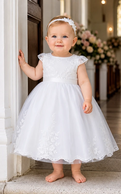 Baptism Dress A-Line Organza Tulle Jewel Neck Cap Sleeve Lace Hem