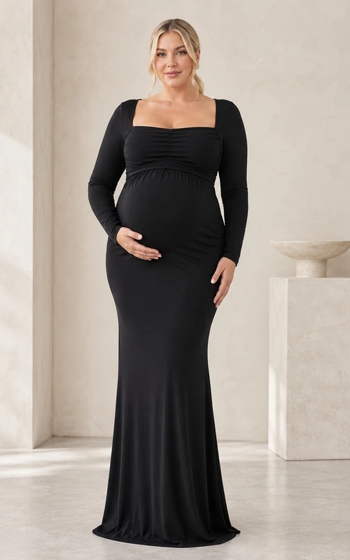 Black Square Neck Long Sleeve Plus Size Sheath Stretch Maxi Dress