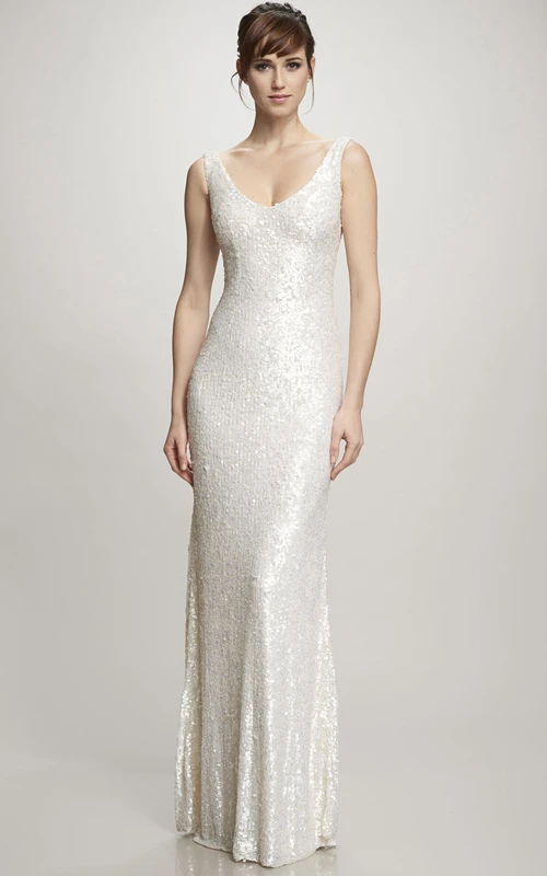 Robe de mariée longue à sequins, décolleté en V, traîne et dos en V