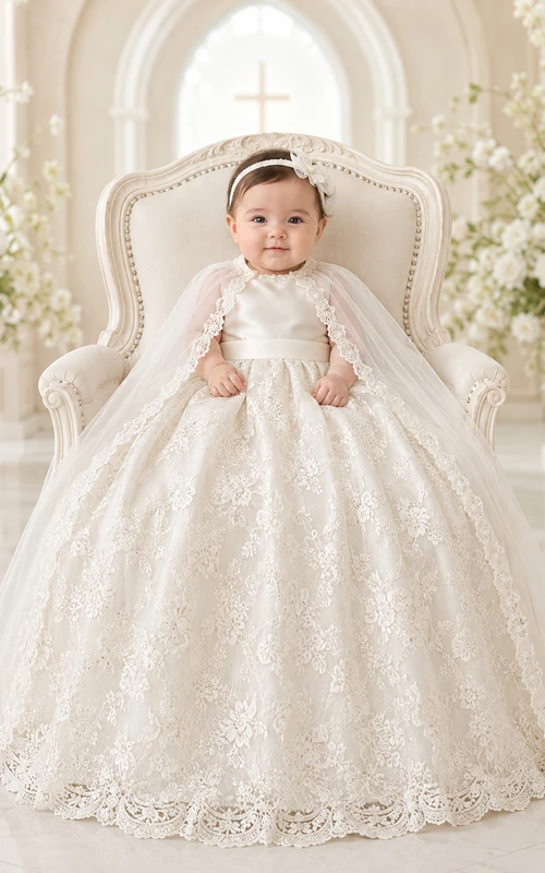 Vestido modesto para ceremonia de bautizo de bebé, corte en A, largo hasta el suelo, cuello joya, manga larga, tul, encaje, capa desmontable, espalda abotonada.