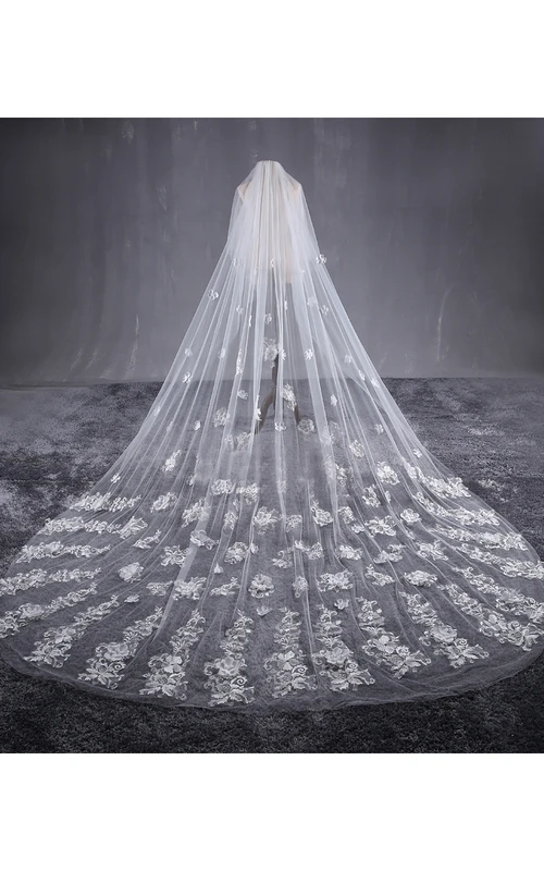 Nouveau et magnifique voile de mariée à longue traîne orné de fleurs en dentelle