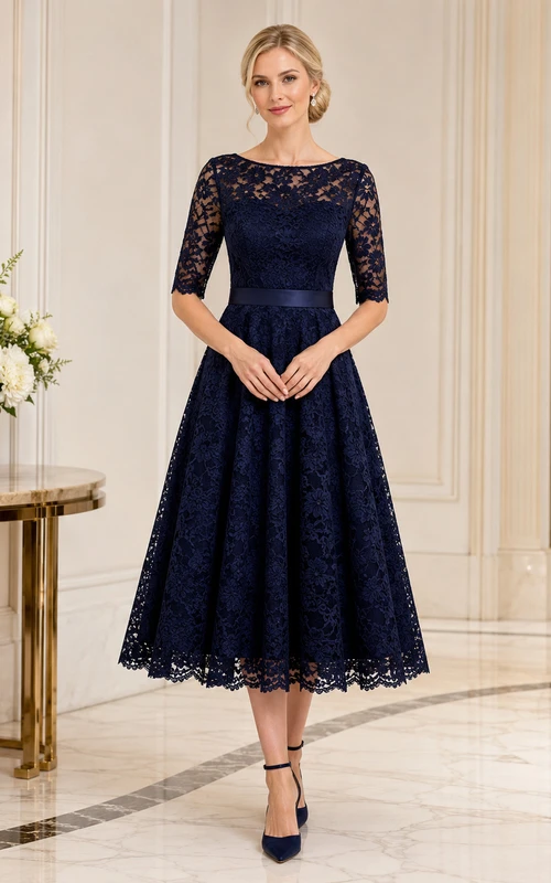 Vestido de cóctel formal de largo midi con escote barco, manga corta y corte en A, color azul marino oscuro con encaje floral y encaje.