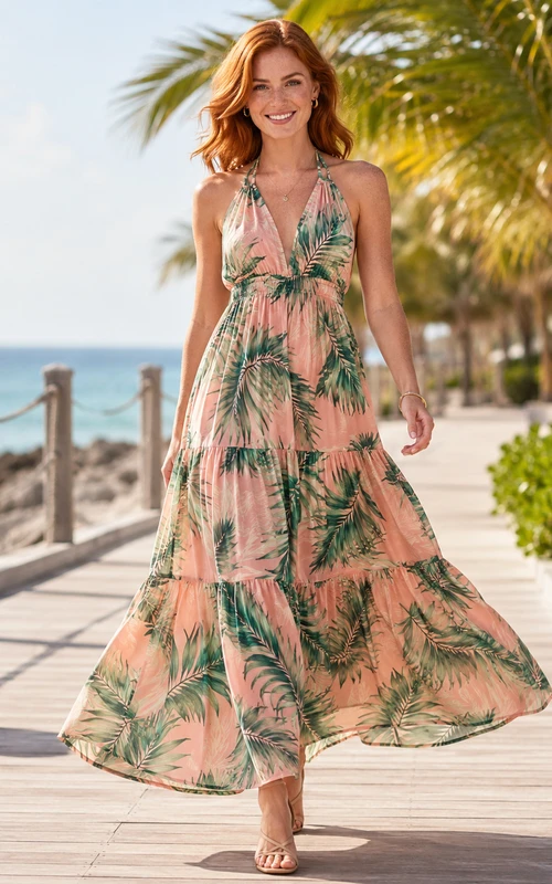 Coral Tropical Palm Print Halter Beach Maxi Dress