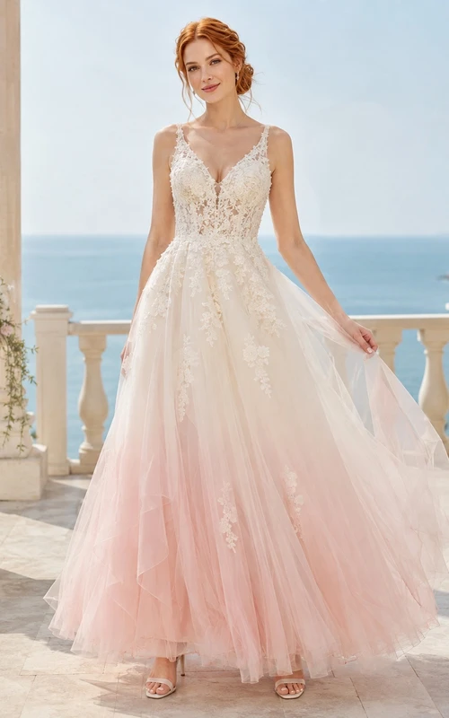 Ärmelloses, bodenlanges Brautkleid in A-Linie aus Tüll mit V-Ausschnitt und Ombré-Rosa