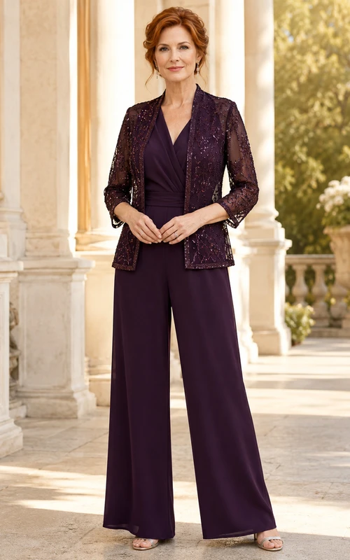 Jumpsuit aus Mutterpflaumenspitze mit V-Ausschnitt-Spitzenjacke und weit geschnittener Hose