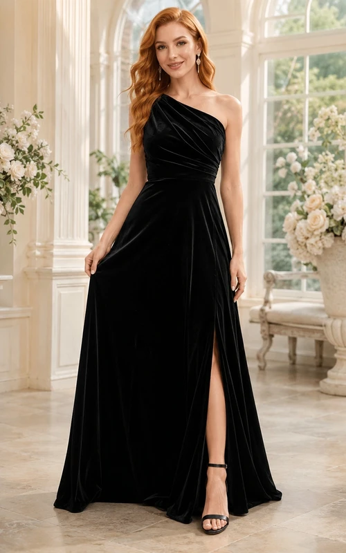Black Velvet One-Shoulder Sleeveless A-Line Floor-length Sexy Luxury Formal Reception Split Evening Dress