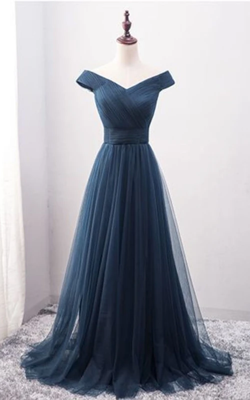 Robe de soirée moderne à traîne courte en tulle, coupe trapèze, dos corset et fronces, manches courtes, bustier.