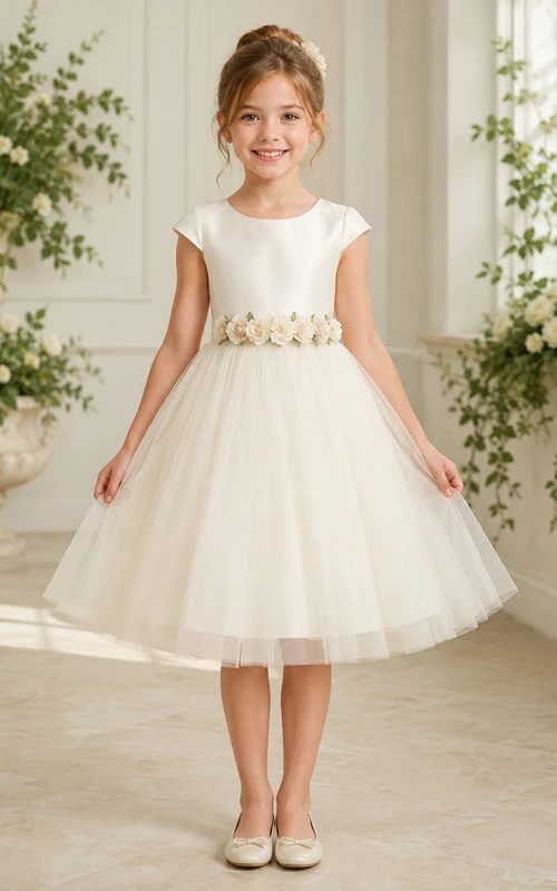 Vestido de niña de las flores, color marfil, satén y tul, corte en A, manga corta, cuello joya, largo hasta la rodilla, detalle de fajín.