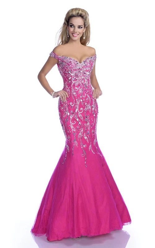 Meerjungfrauen-Tüll-Abendkleid mit Pailletten, schulterfrei, V-Ausschnitt und tiefem V-Ausschnitt am Rücken