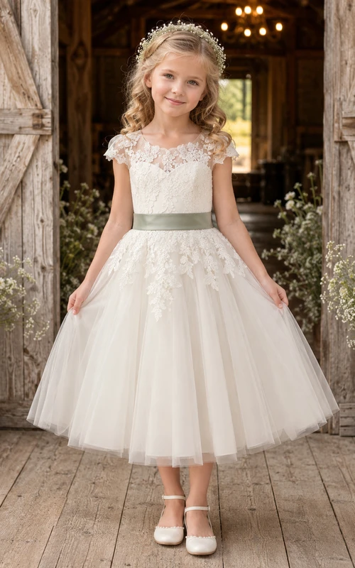 Rustikales A-Linien-Blumenmädchenkleid aus Tüllspitze mit salbeigrüner Schärpe, kurzen Ärmeln, Rundhalsausschnitt, wadenlangem Rock und Schärpenverzierung